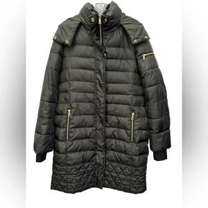 Sam Edelman Lara Puffy Coat Black Down Filled Quilted Puffer Jacket Hooded Sz M